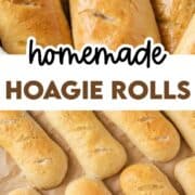 Homemade hoagie rolls on baking pan then in basket.