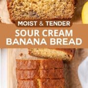 Sliced sour cream banana bread on cutting board.