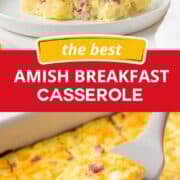 Amish breakfast casserole on a plate and a slice being lifted out of the pan.
