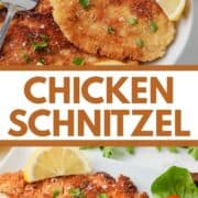 Chicken schnitzel plated with lemon garnish.