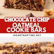Oatmeal cookie bars with chocolate chips stacked and cut into squares on the counter.