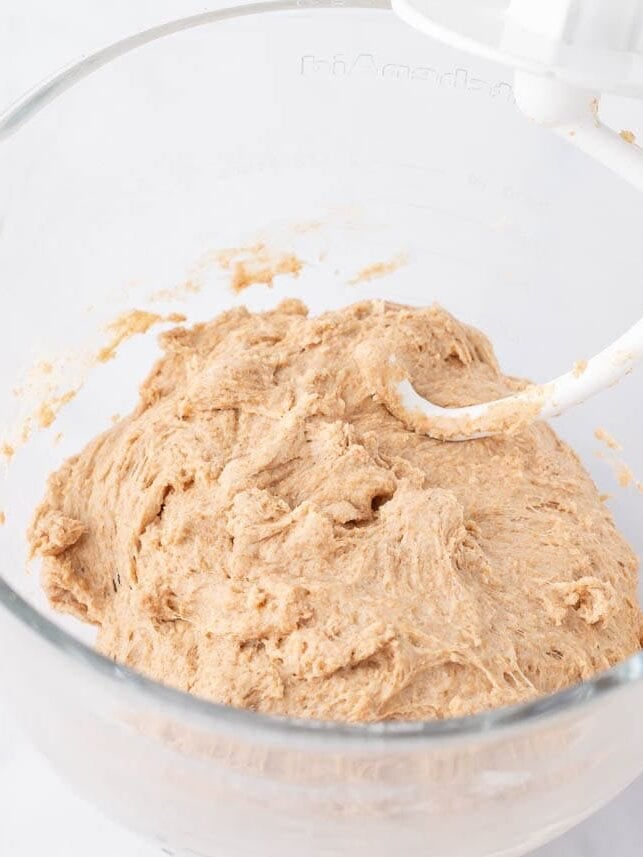 Kneading the whole wheat bread dough with a bread hook until it pulls away from the sides