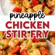 Pineapple chicken stir fry on a plate with rice.