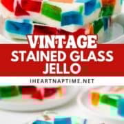 Stained glass jello on a plate for serving.