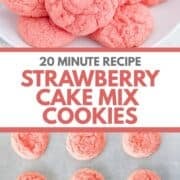 Soft and chewy strawberry cake mix cookies on a plate and baking sheet.