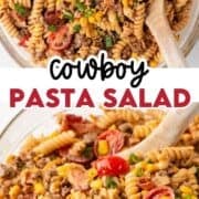 Cowboy pasta salad in serving bowl with spoon,