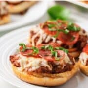 Lunchroom pizza burgers on a plate.