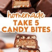 Homemade Take 5 candy bars stacked and in a dish with some broken to show pretzel and caramel.