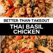 Thai basil chicken served with rice in a bowl.