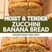 Sliced zucchini banana bread on a wooden cutting board.
