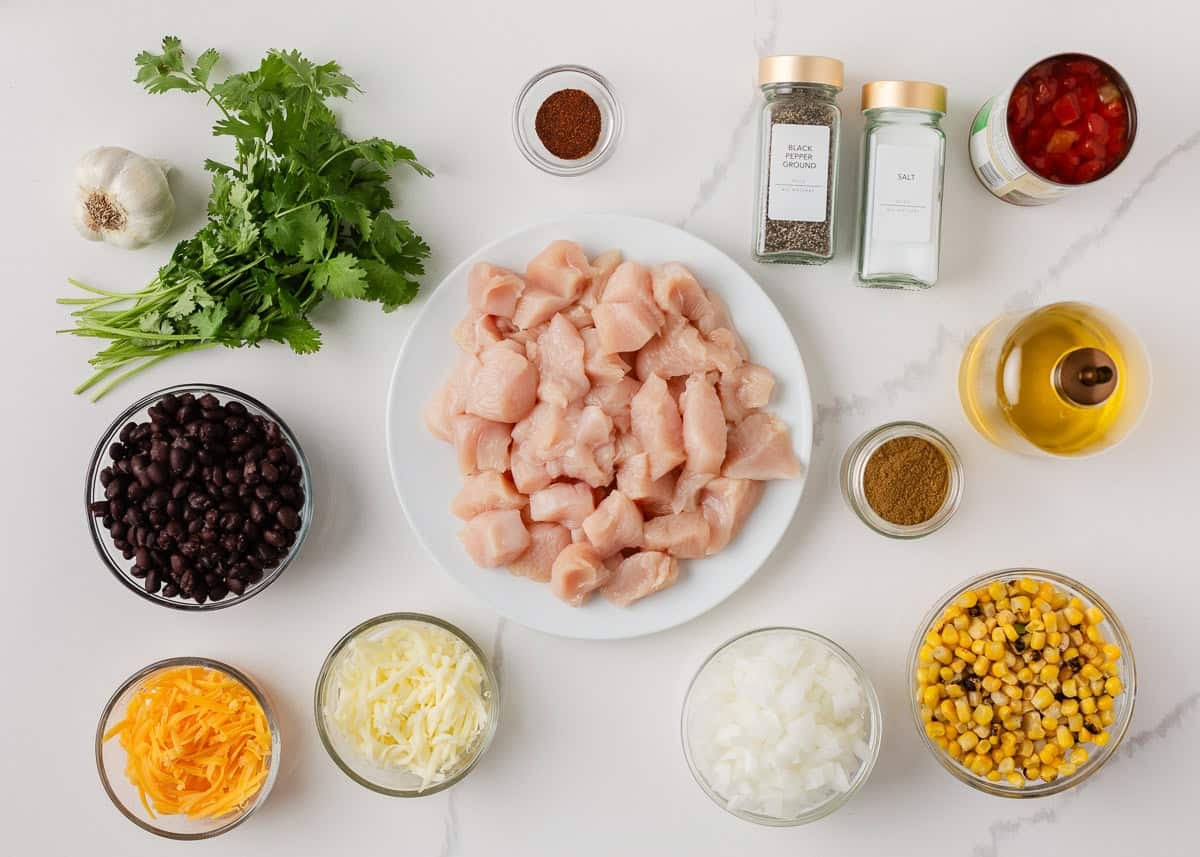 Ingredients for Santa Fe chicken including chicken, black beans, corn, tomatoes, cheese, onion, garlic and spices.
