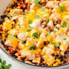Close up of Santa Fe chicken with melted cheese, black beans, corn and cilantro.