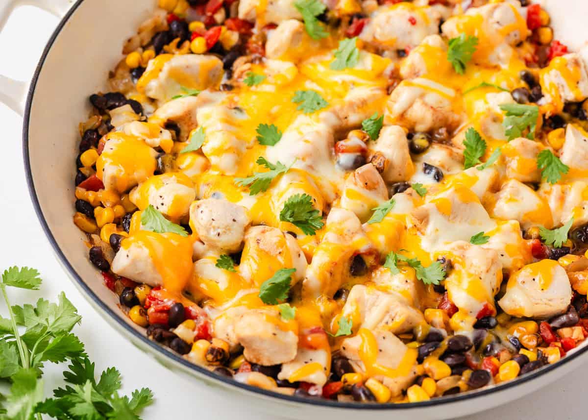 Close up of Santa Fe chicken with melted cheese, black beans, corn and cilantro.
