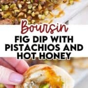 Boursin cheese fig dip on a platter and on a piece of toasted bread.