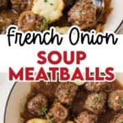 French onion soup meatballs in a skillet.