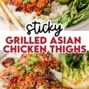 Asian chicken thighs on a plate with bok choy and rice.