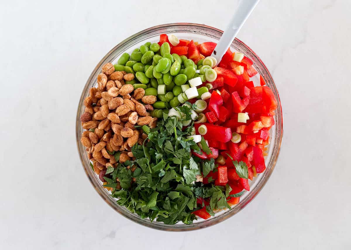 Honey roasted peanuts, edamame, chopped cilantro, green onions, and red bell pepper ready to be tossed into Thai pasta salad.