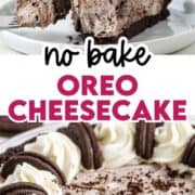 No bake oreo cheesecake with a slice served on plate.