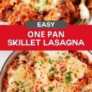 One pan skillet lasagna in a skillet then plated with bread.