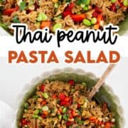 Thai pasta salad with peanut dressing in a serving bowl.