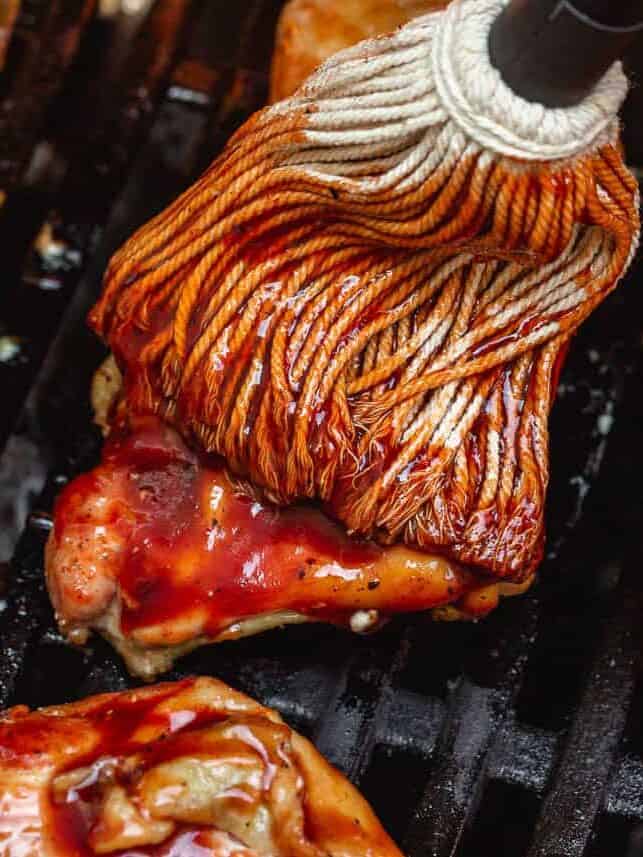 Brush BBQ sauce on grilled chicken thighs during last minutes of grilling.
