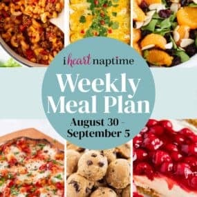 A recipe photo collage for a weekly meal plan for I Heart Naptime.
