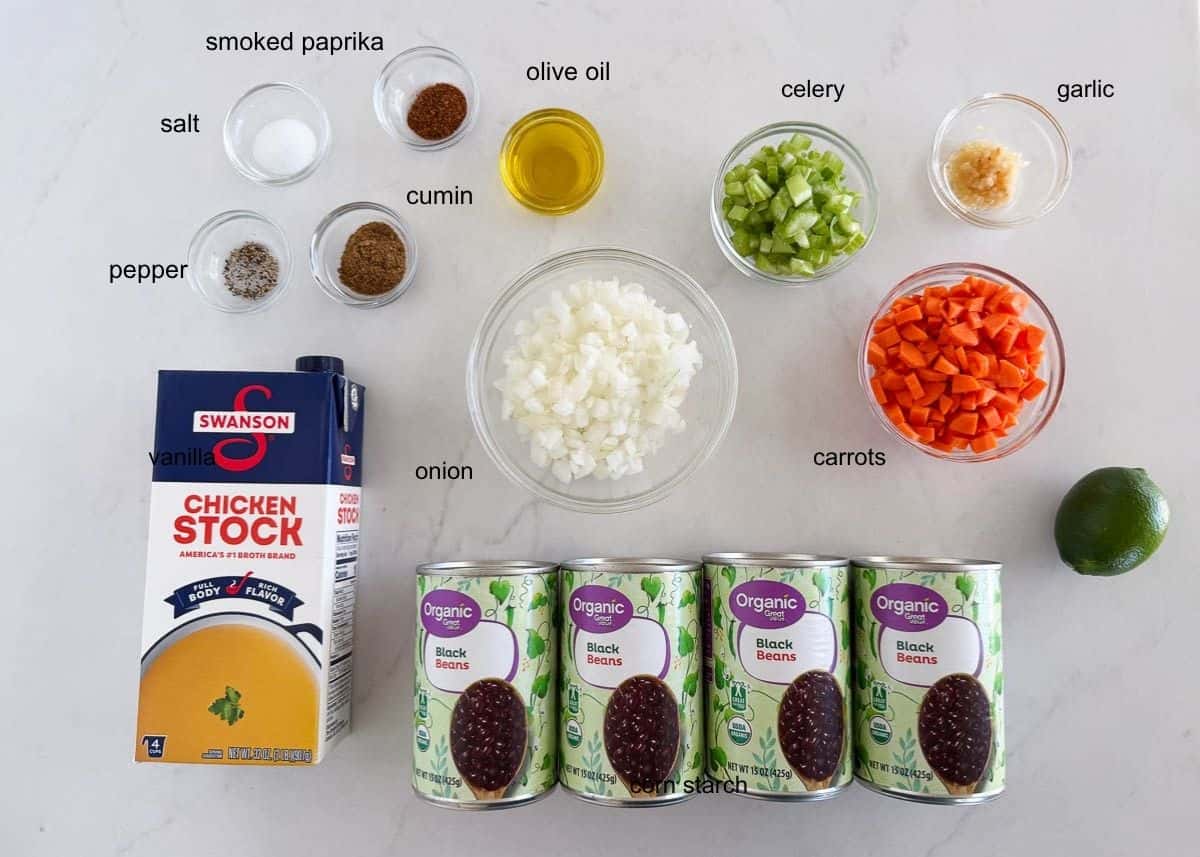 Black bean soup ingredients on the counter.