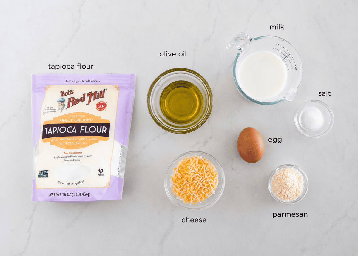 Brazilian cheese bread ingredients.