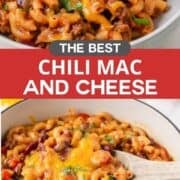 Chili mac and cheese in a pot with serving spoon.