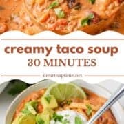 Creamy taco soup in a pot with ladle and bowl.