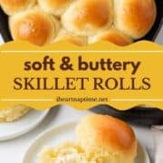 Skillet rolls in cast iron pan and one plated with butter.