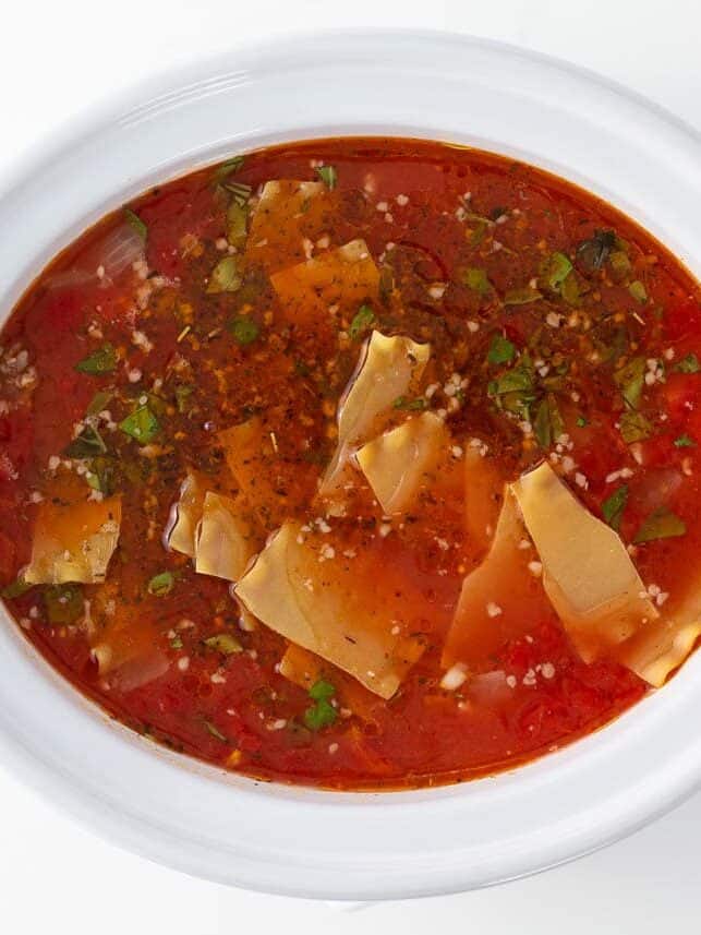 Broken lasagna noodles in crockpot lasagna soup.