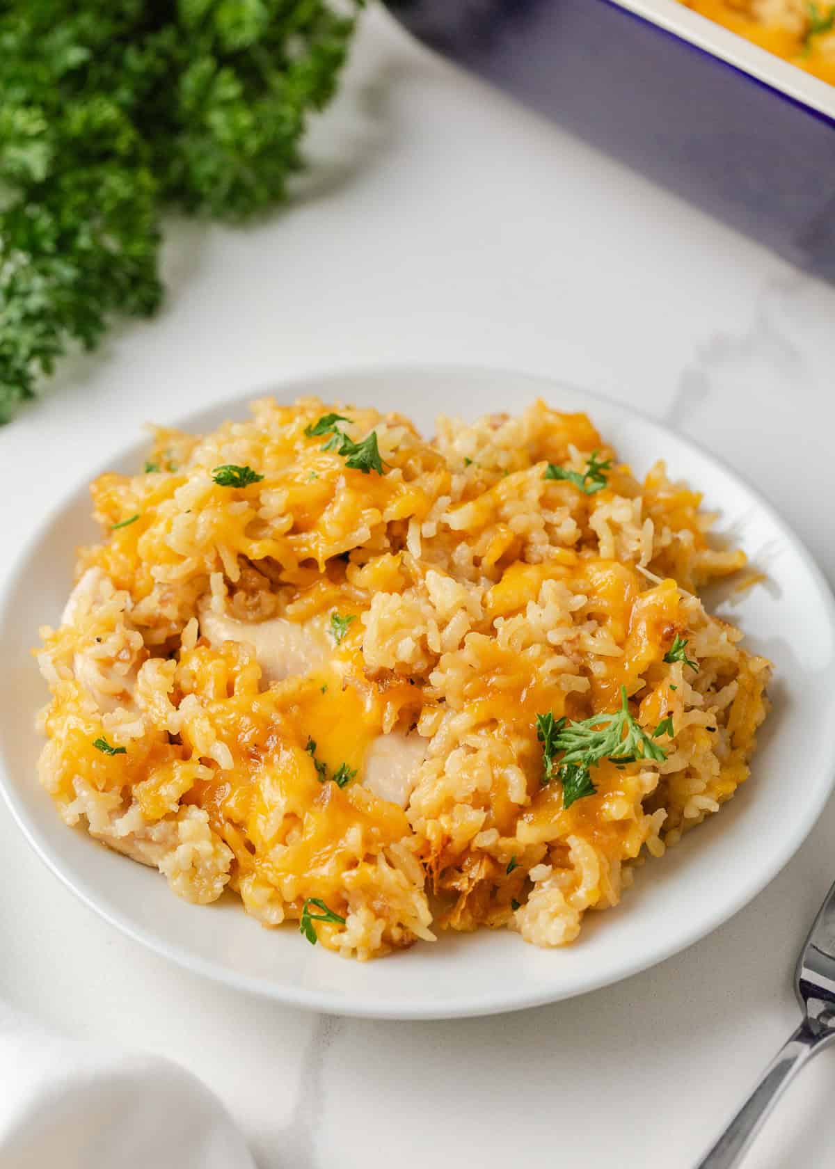 This easy chicken and rice casserole is a quick and delicious dinner idea that the whole family will love. It's made with just 4 simple ingredients...most of which you probably already have in your pantry! A serving of cheesy chicken and rice casserole with parsley on a plate.