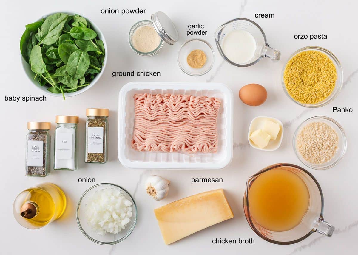 Ingredients for chicken meatballs with orzo, including ground chicken, orzo, spinach, Parmesan, cream and seasonings.