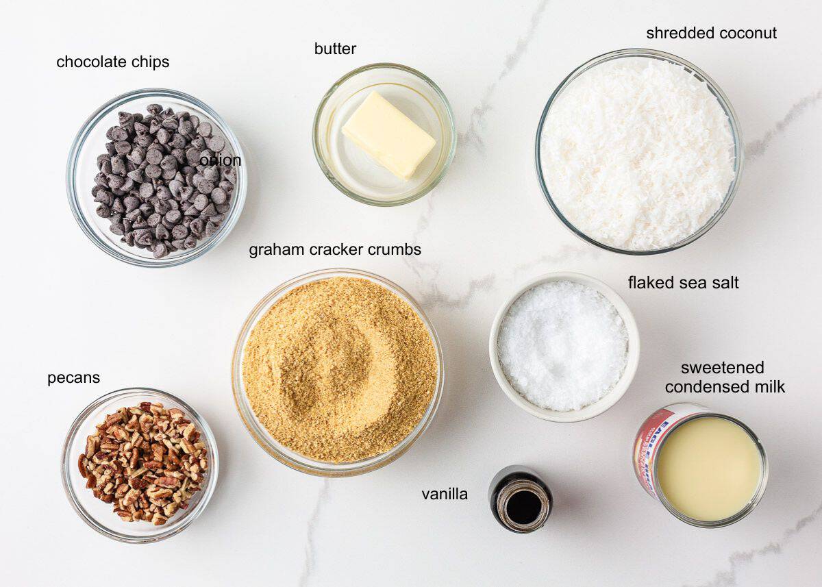 Ingredients for 5 star bars including graham cracker crumbs, coconut, pecans, chocolate chips, butter, sweetened condensed milk and vanilla.