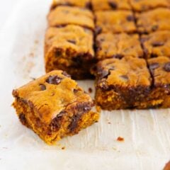 Pumpkin chocolate chip cake cut into squares with one piece in front showing the soft center.