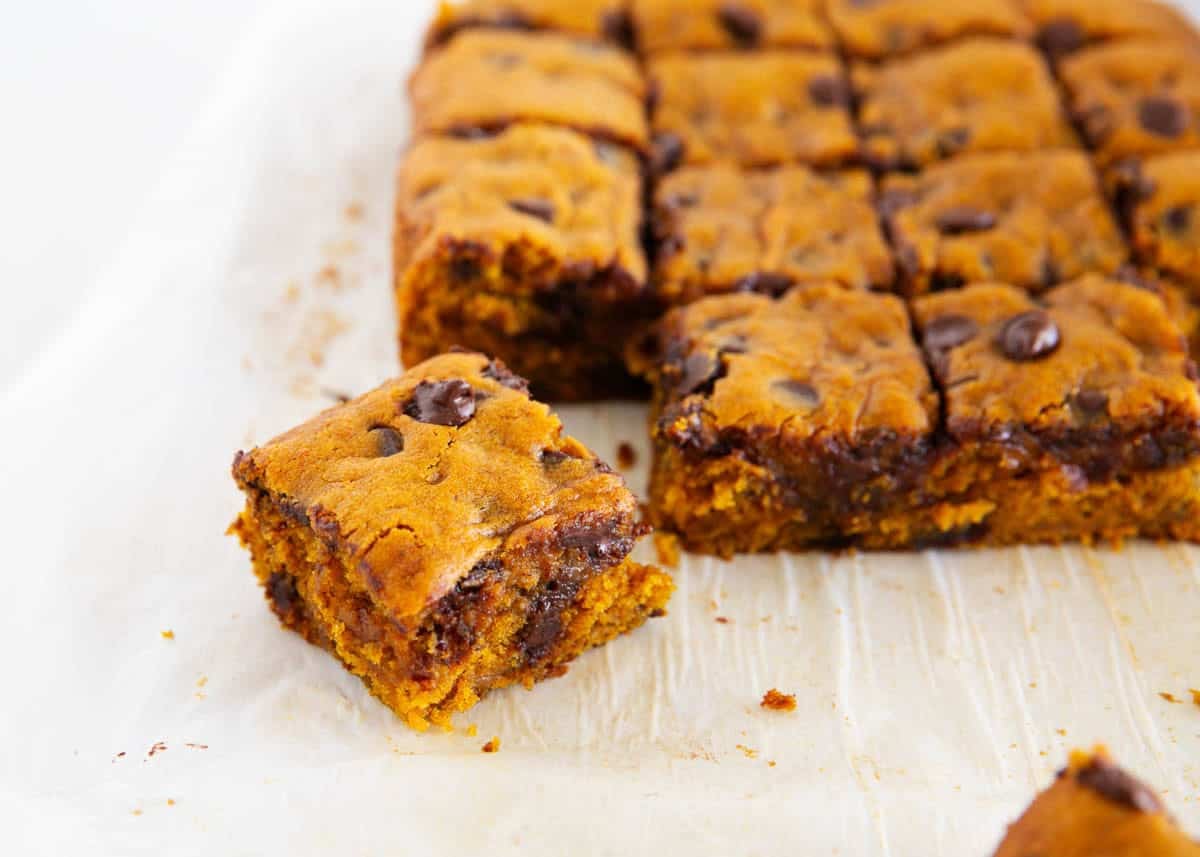 Pumpkin chocolate chip cake cut into squares with one piece in front showing the soft center.