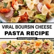 Boursin cheese pasta recipe in a bowl and baking dish.