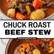 Chuck roast beef stew in a Dutch oven and in a soup bowl.