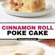 Cinnamon roll poke cake on a plate and being served from pan.