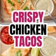 Crispy chicken tacos served on a tray.