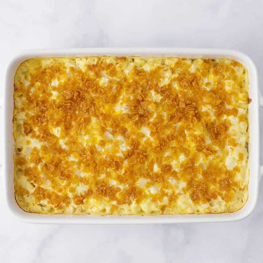 Baked funeral potatoes resting on the counter.