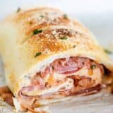 A close up of a homemade stromboli