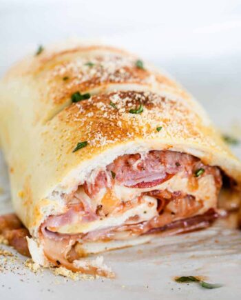 A close up of a homemade stromboli