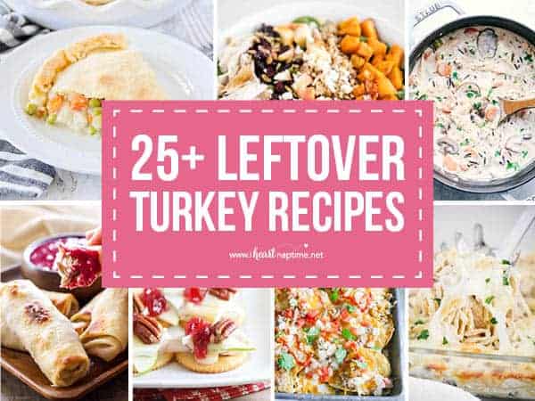 Collage of leftover turkey recipes.